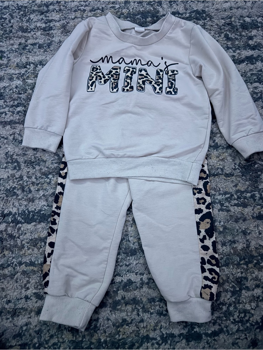 Beige Kids Jogger Set with Leopard-Trim Pants